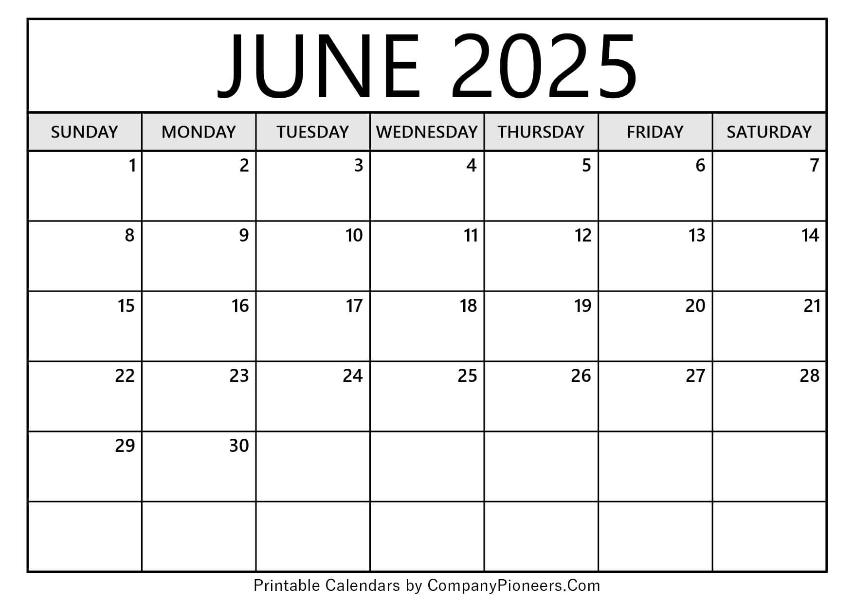 June 2025 Calendar Template Blank