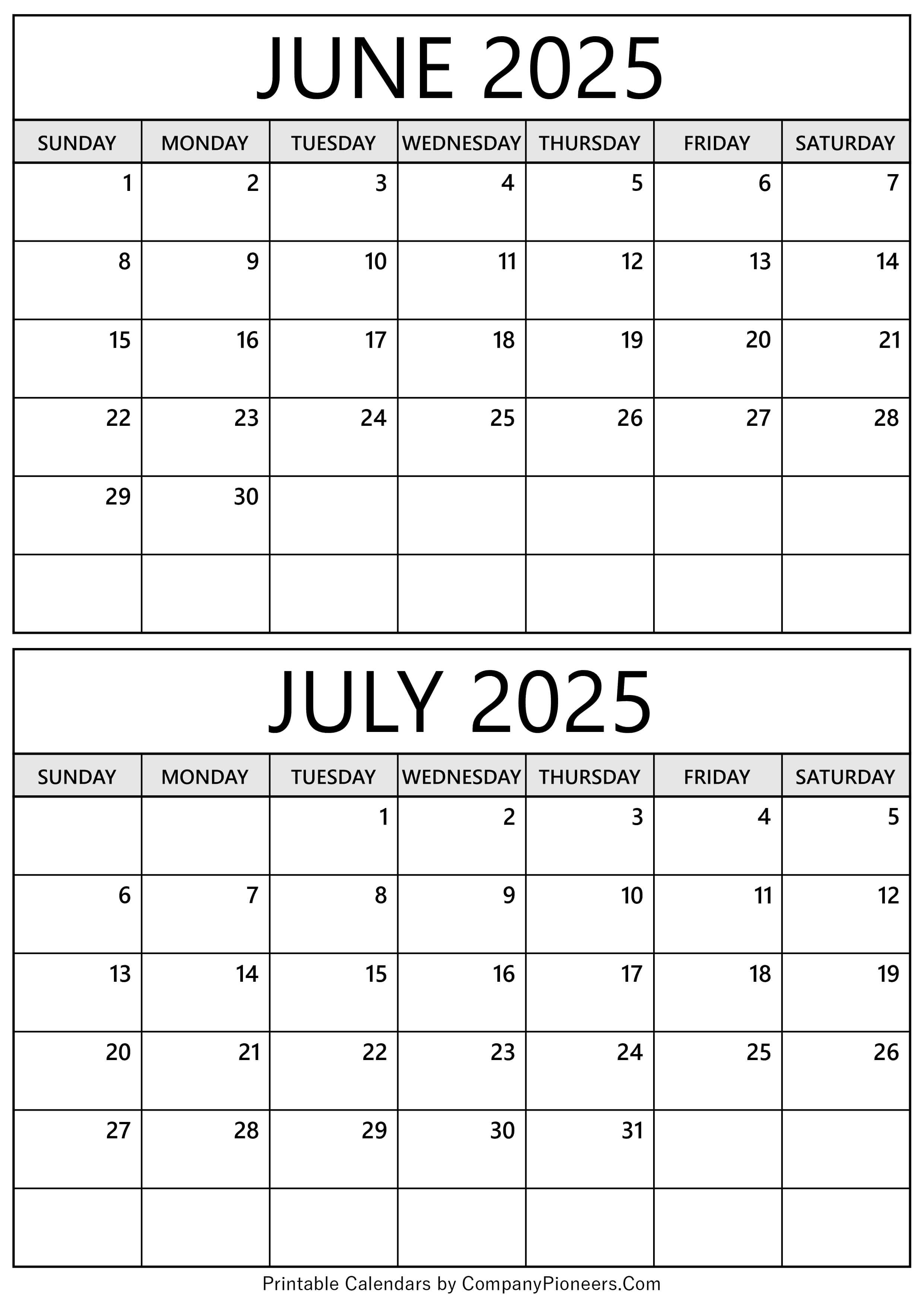 June July 2025 Calendar