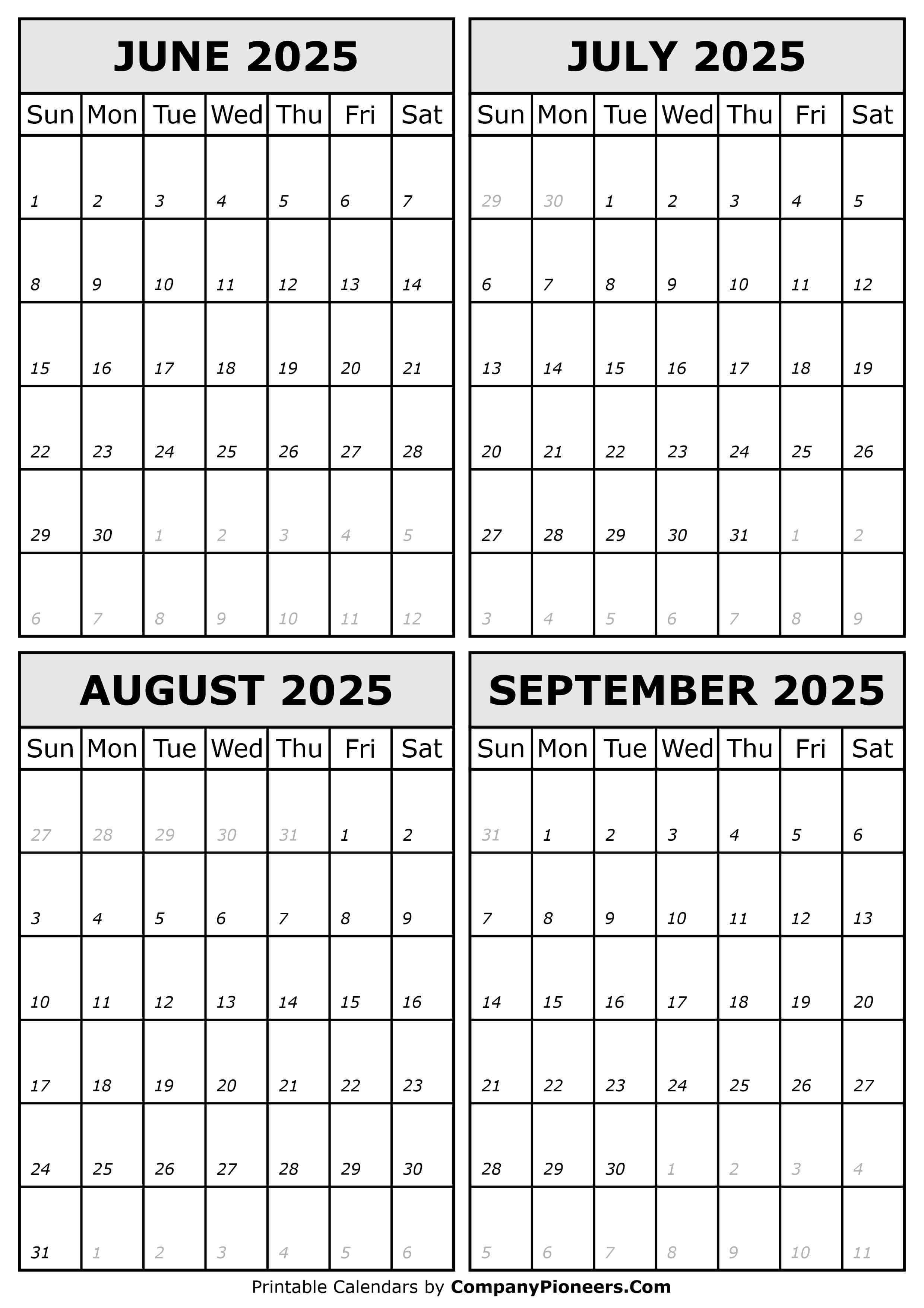 June July August September 2025 Calendar