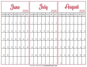 June July and August 2025 Calendar