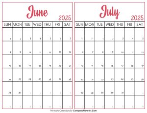 June and July Calendar 2025