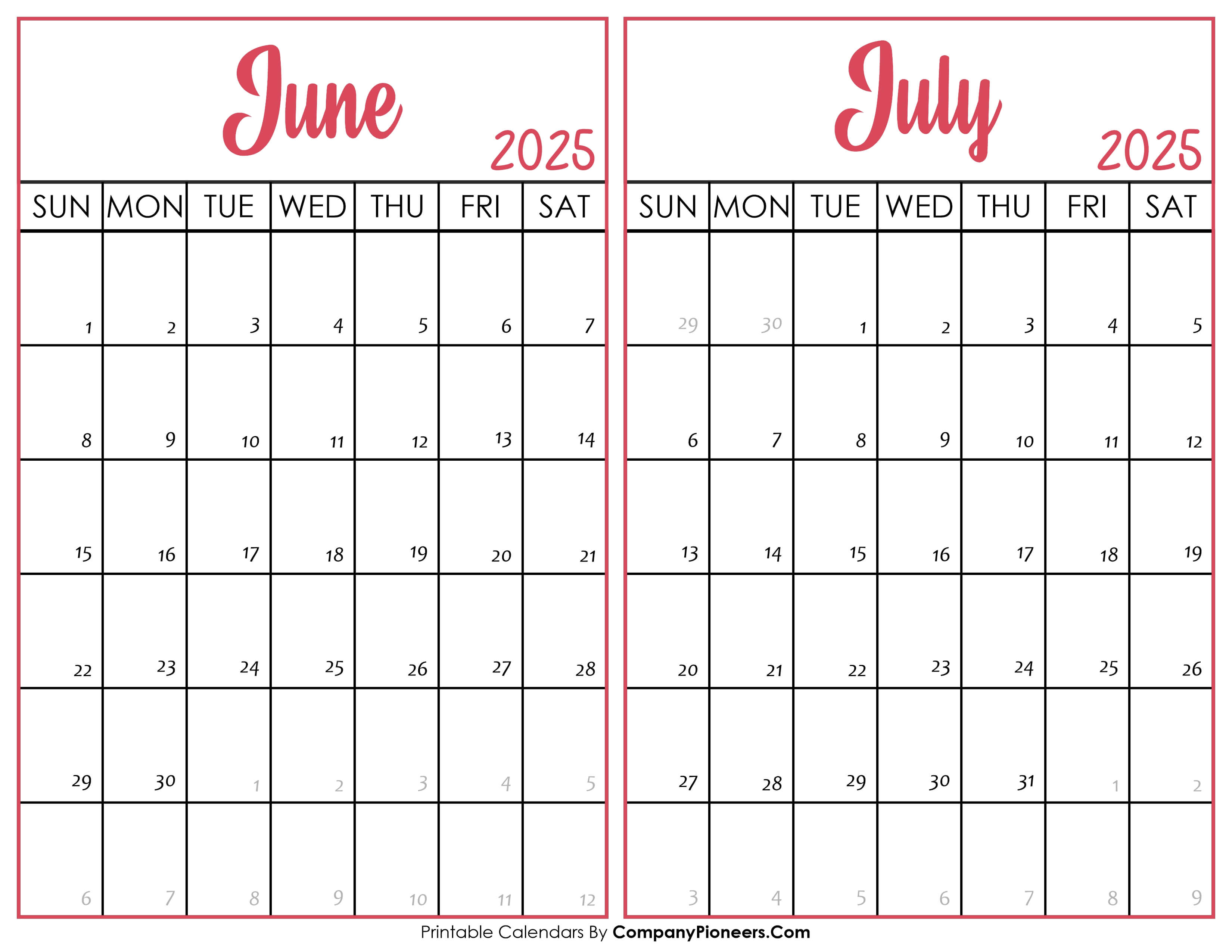 June and July Calendar 2025