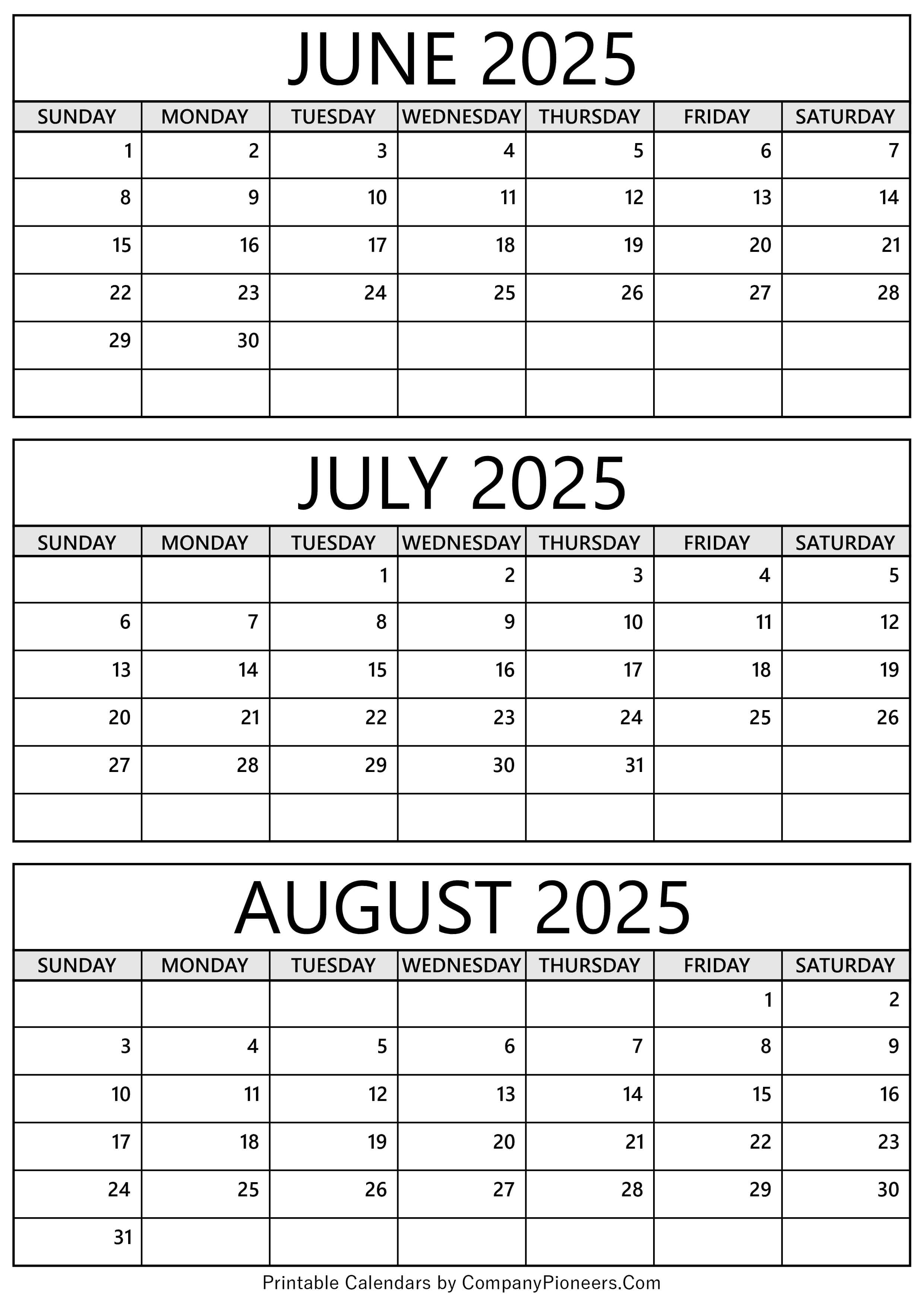 June to August 2025 Calendar