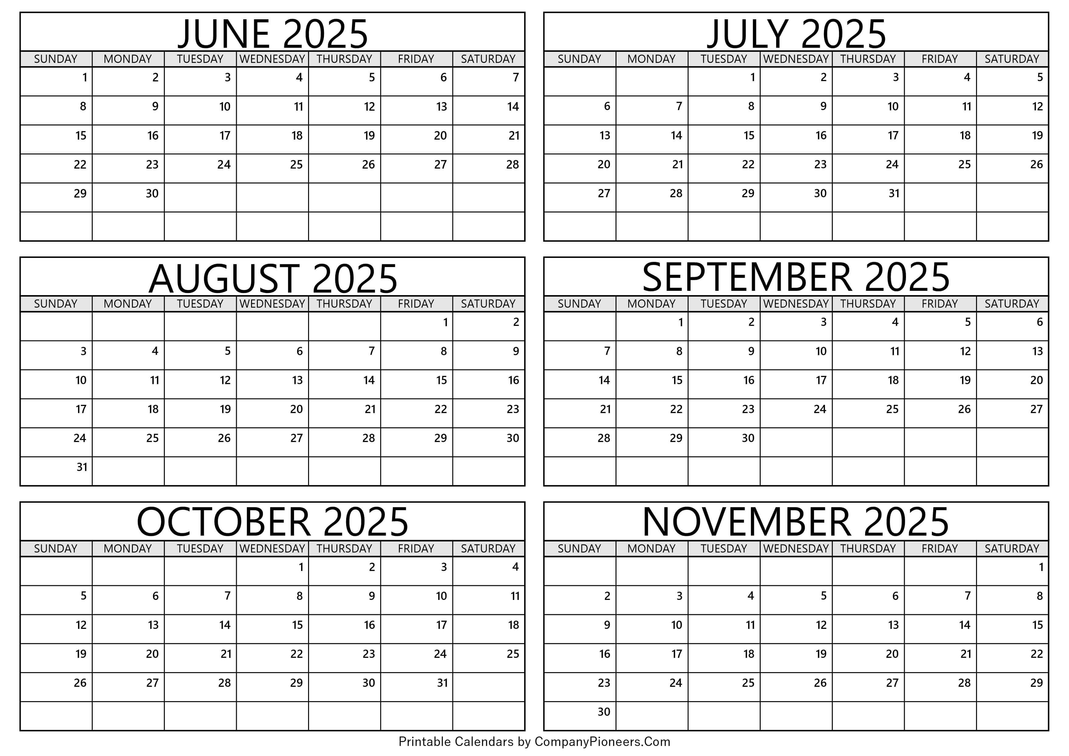 June to November 2025 Calendar