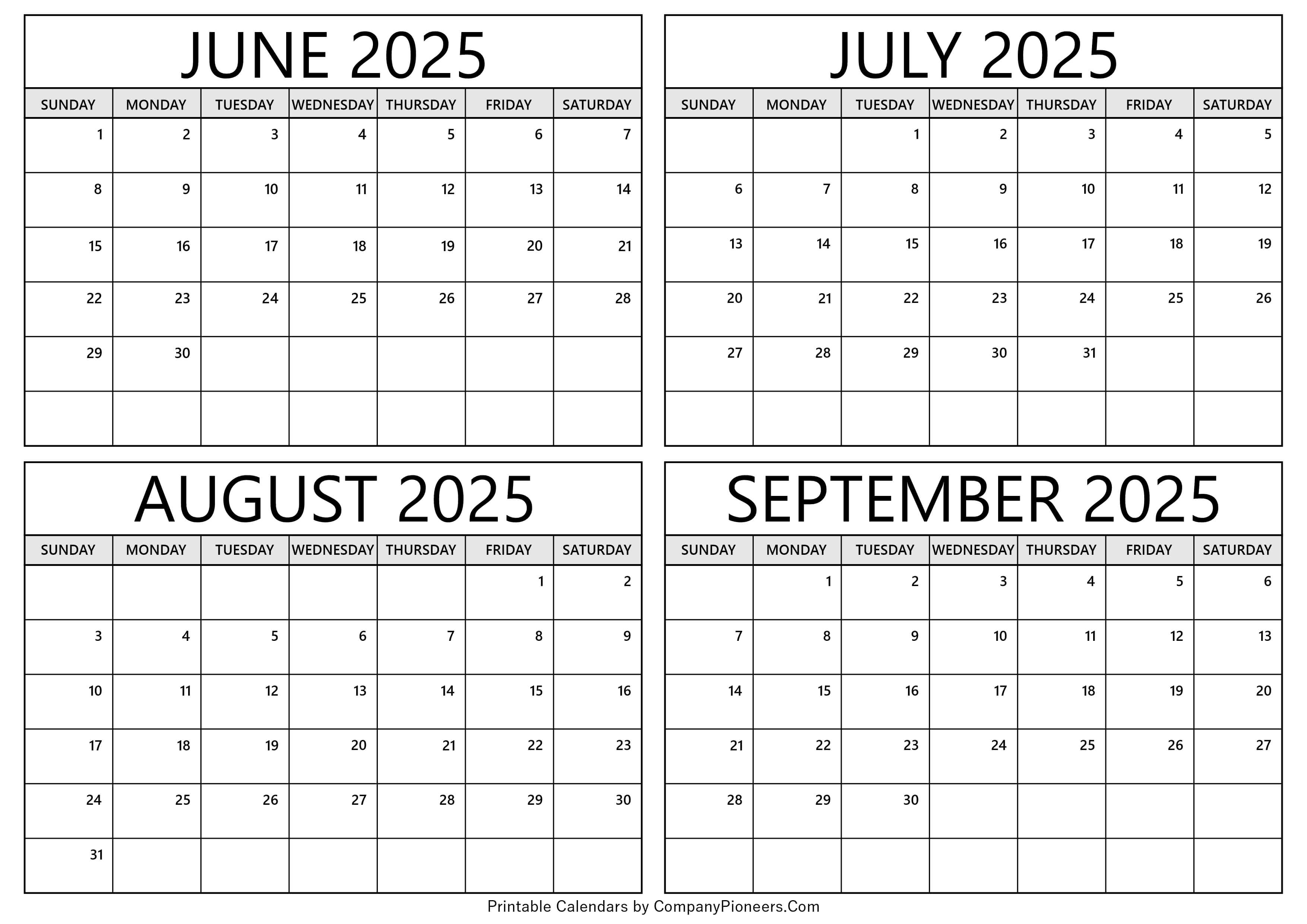 June to September 2025 Calendar