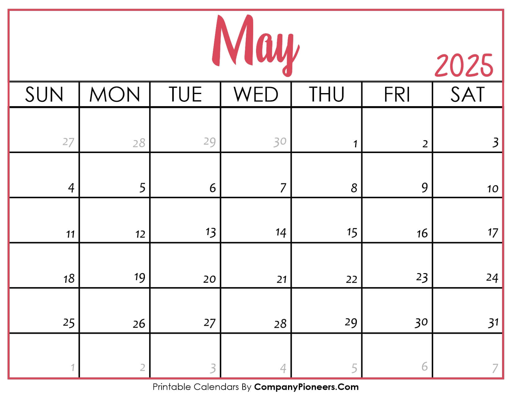 May 2025 Calendar Printable Pink Header