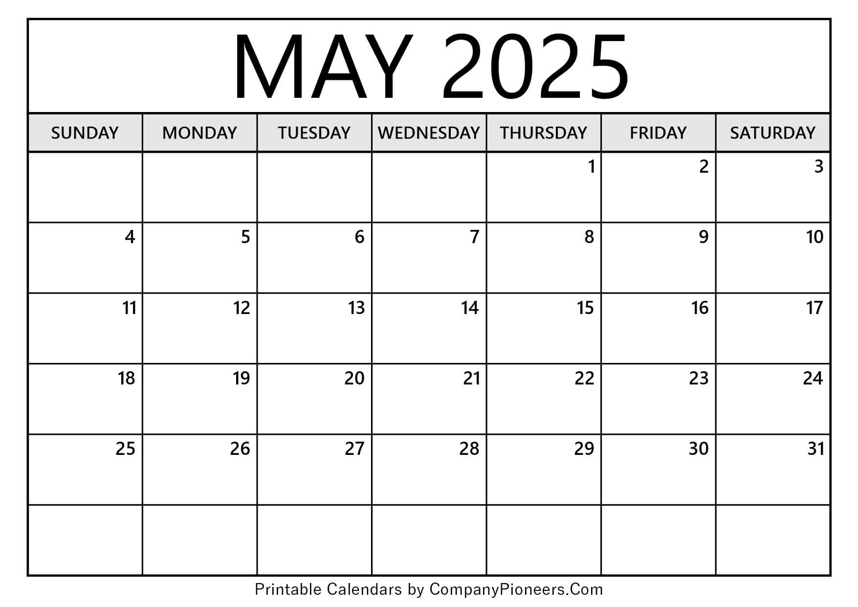 May 2025 Calendar Template Blank