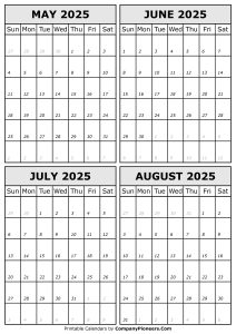 May June July August 2025 Calendar