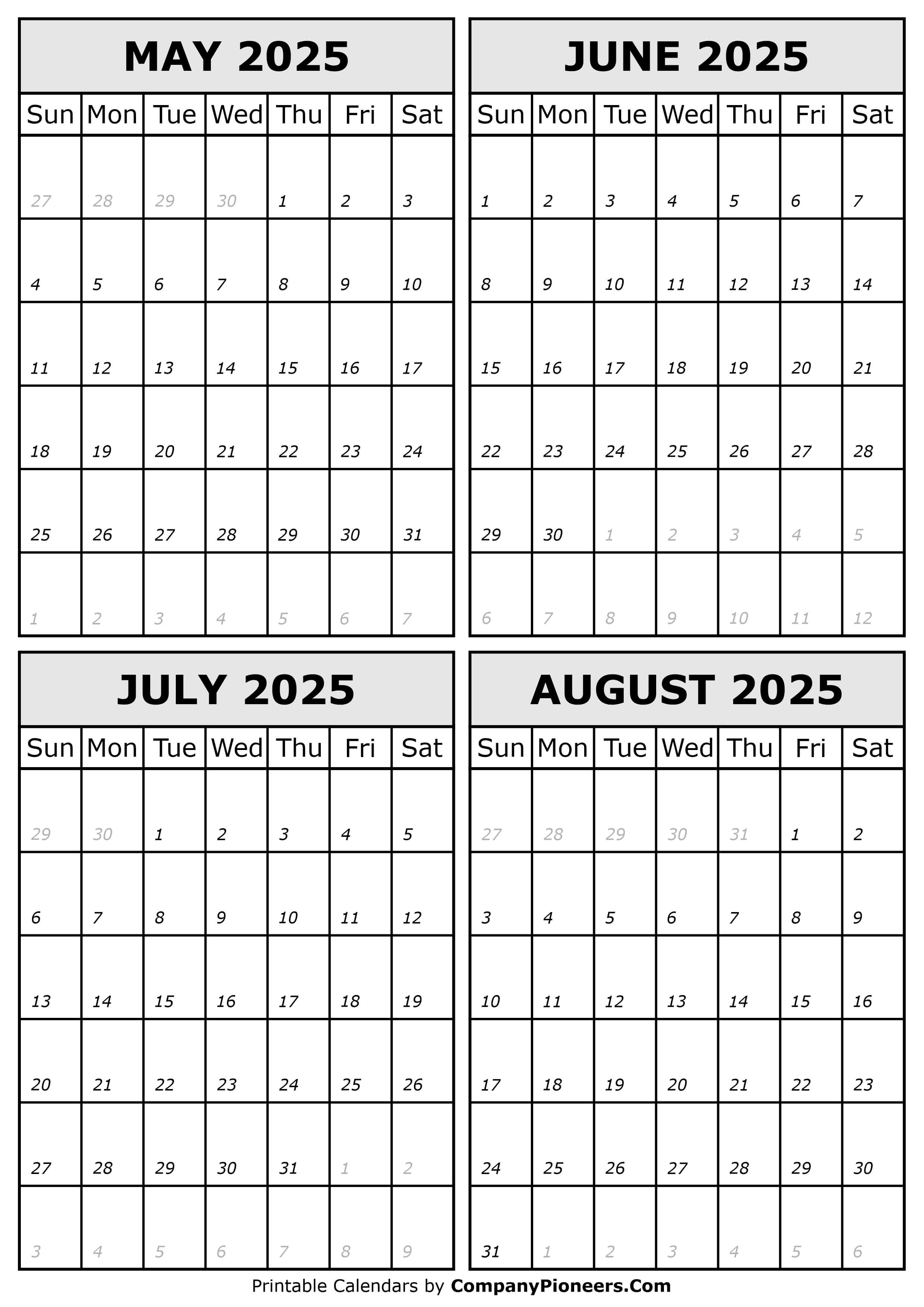 May June July August 2025 Calendar