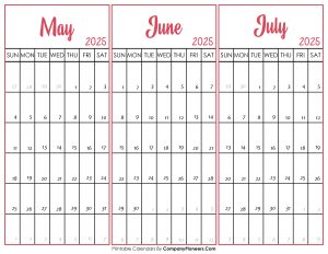 May June and July 2025 Calendar