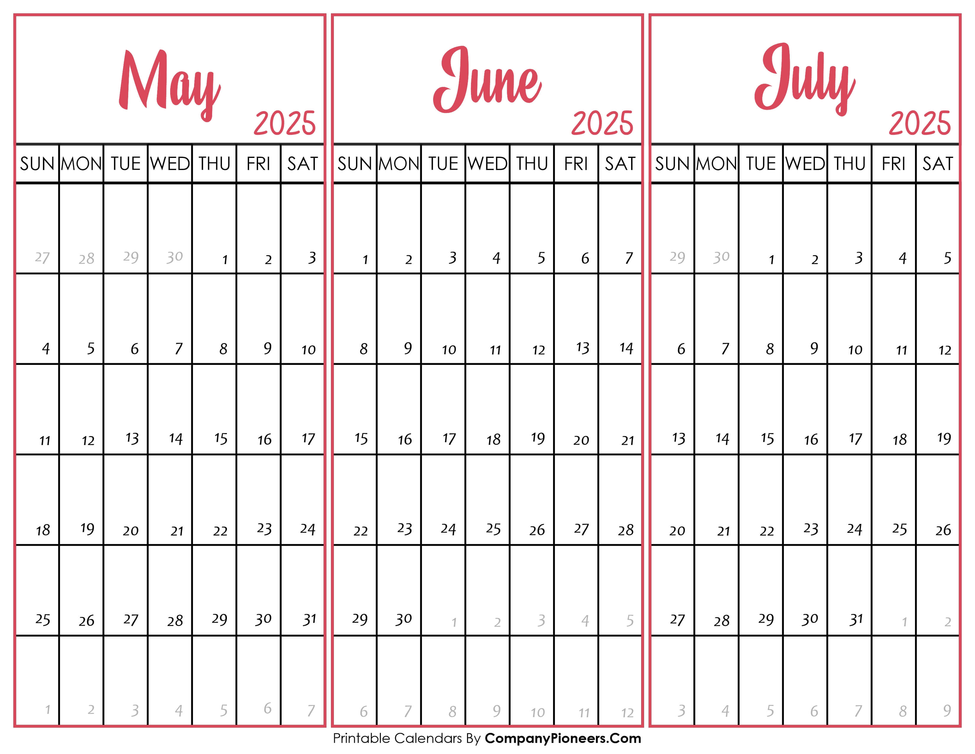 May June and July 2025 Calendar