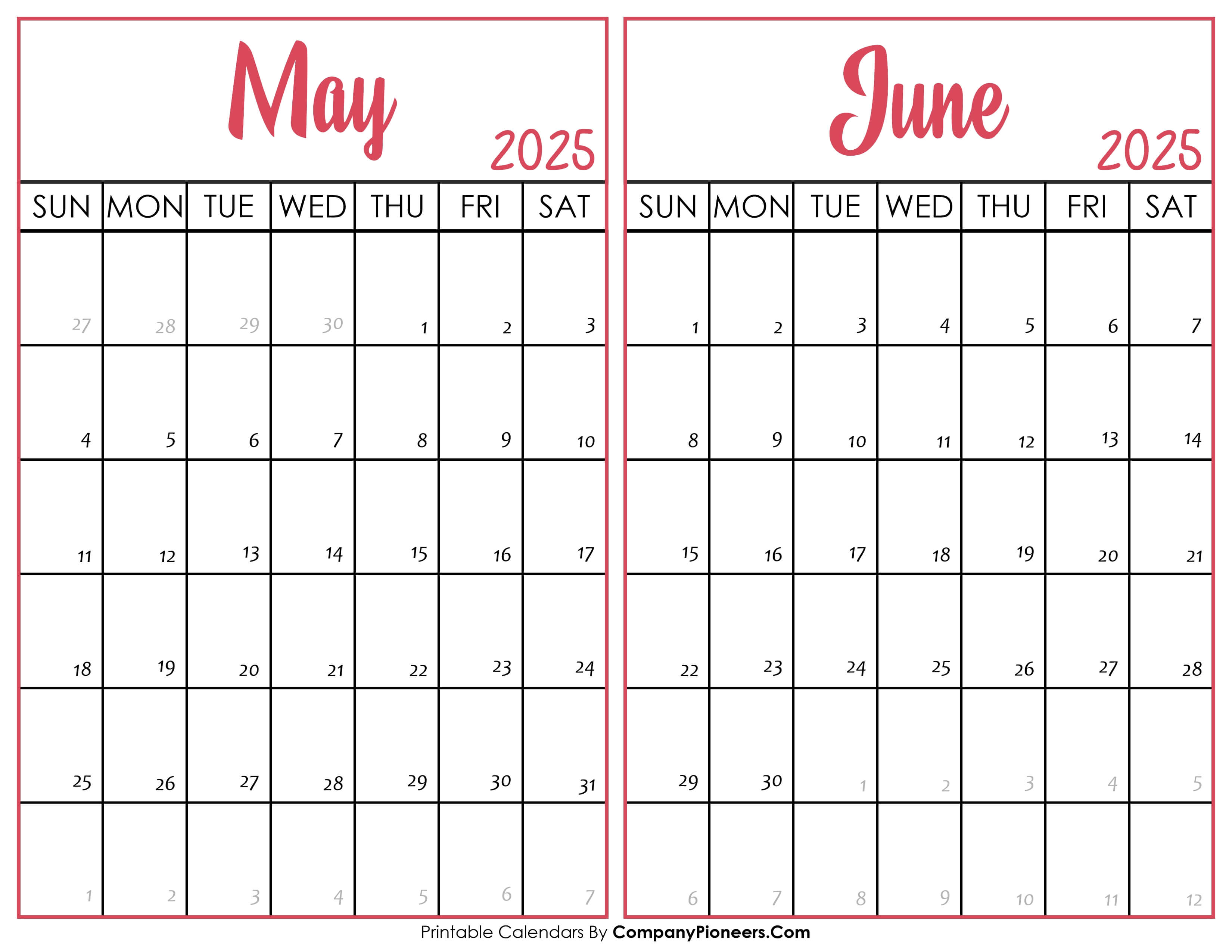 May and June Calendar 2025