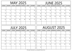 May to August 2025 Calendar