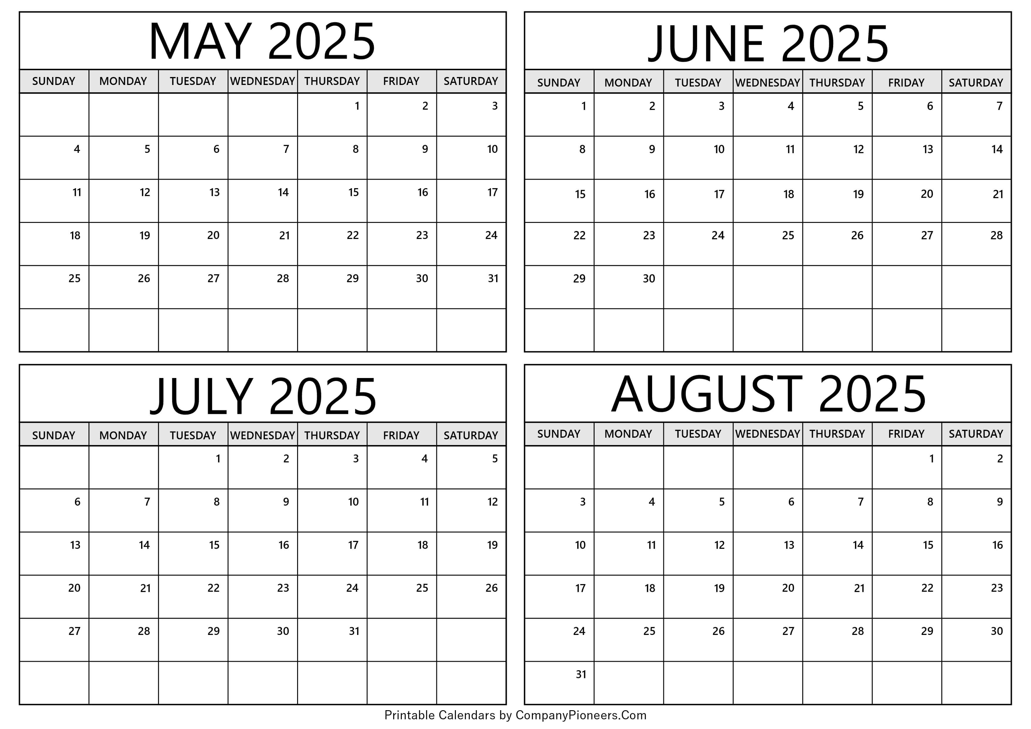 May to August 2025 Calendar