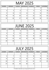 May to July 2025 Calendar