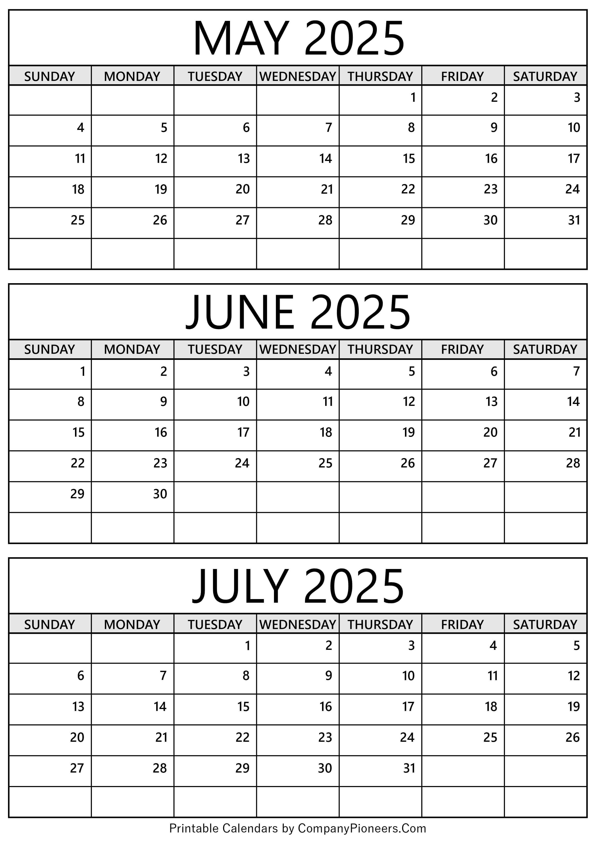 May to July 2025 Calendar