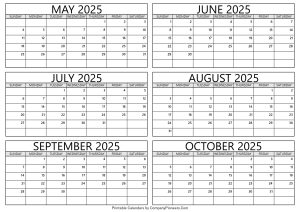 May to October 2025 Calendar