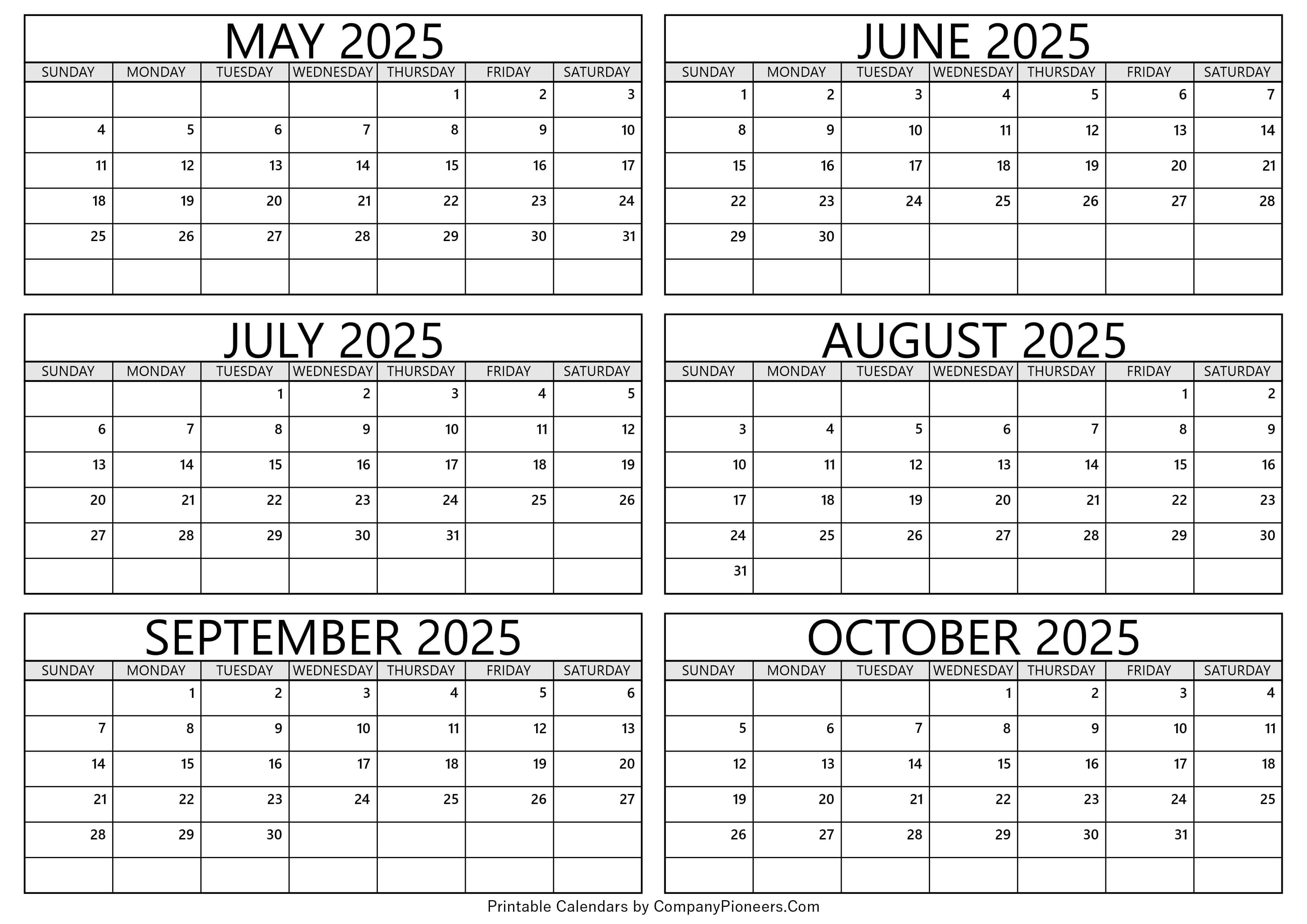 May to October 2025 Calendar