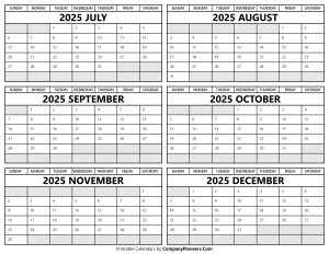 Printable 2025 July to December Calendar