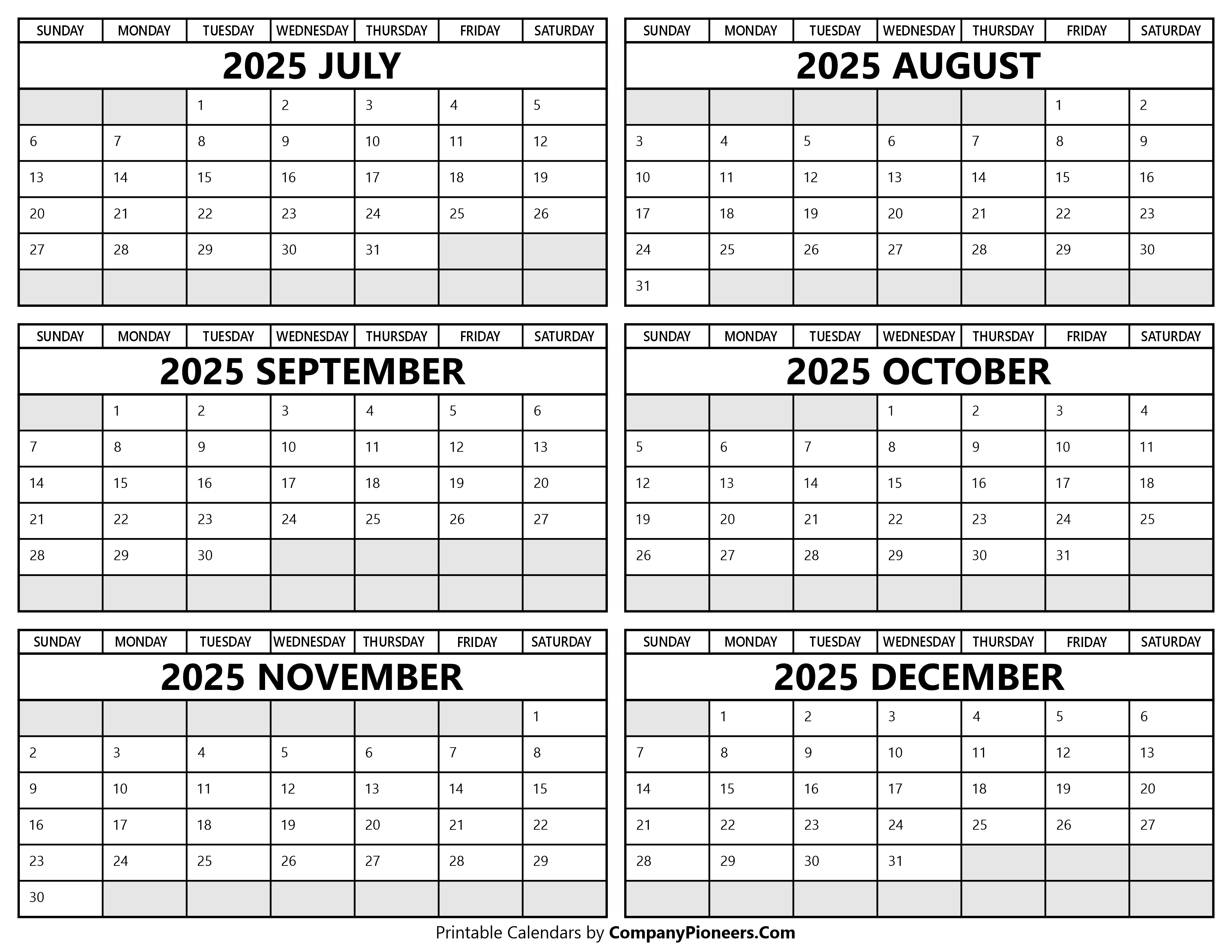 Printable 2025 July to December Calendar