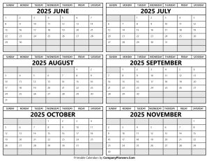 Printable 2025 June to November Calendar