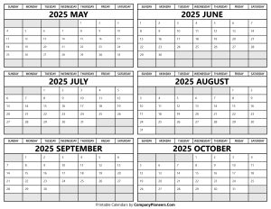 Printable 2025 May to October Calendar