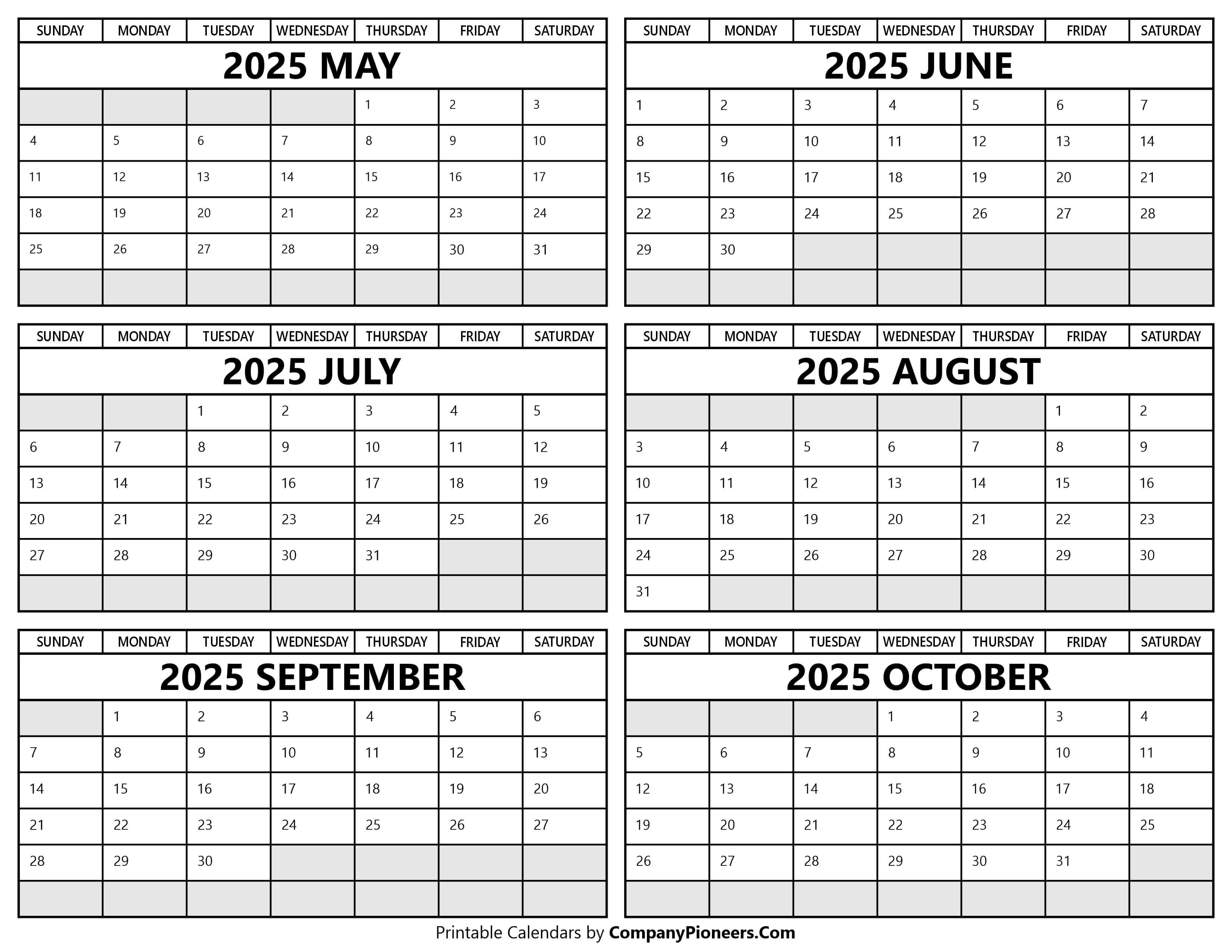 Printable 2025 May to October Calendar