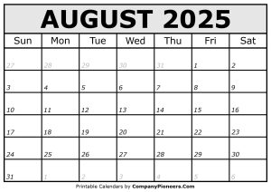 Printable August 2025 Calendar Italic Font