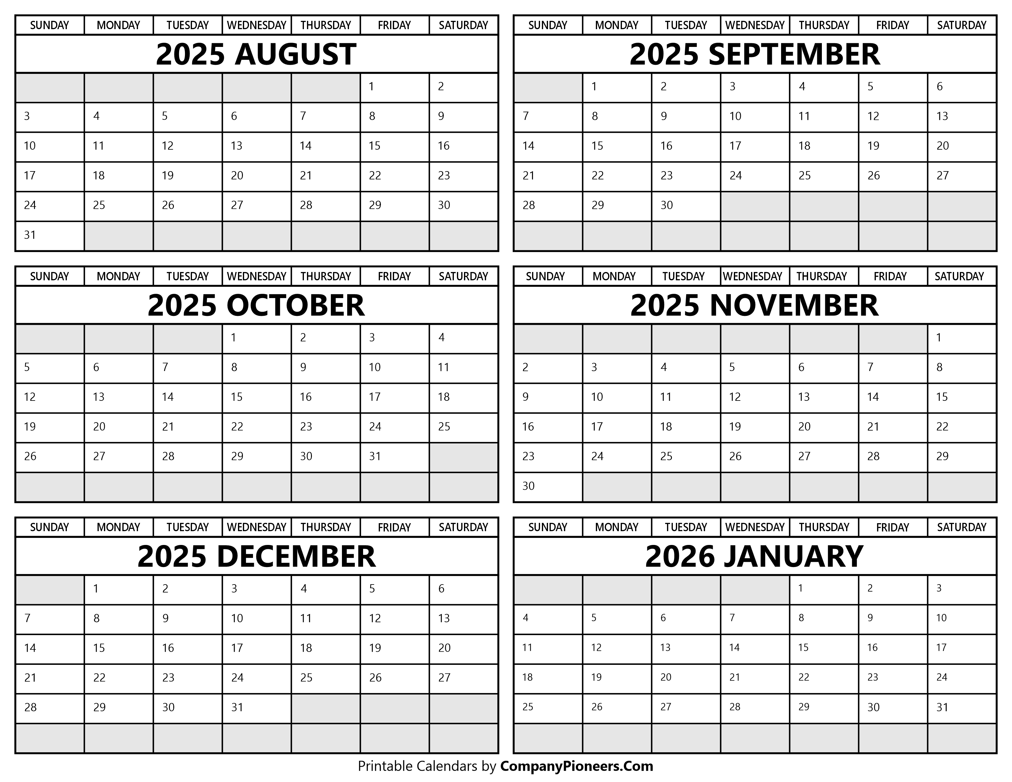 Printable August 2025 to January 2026 Calendar