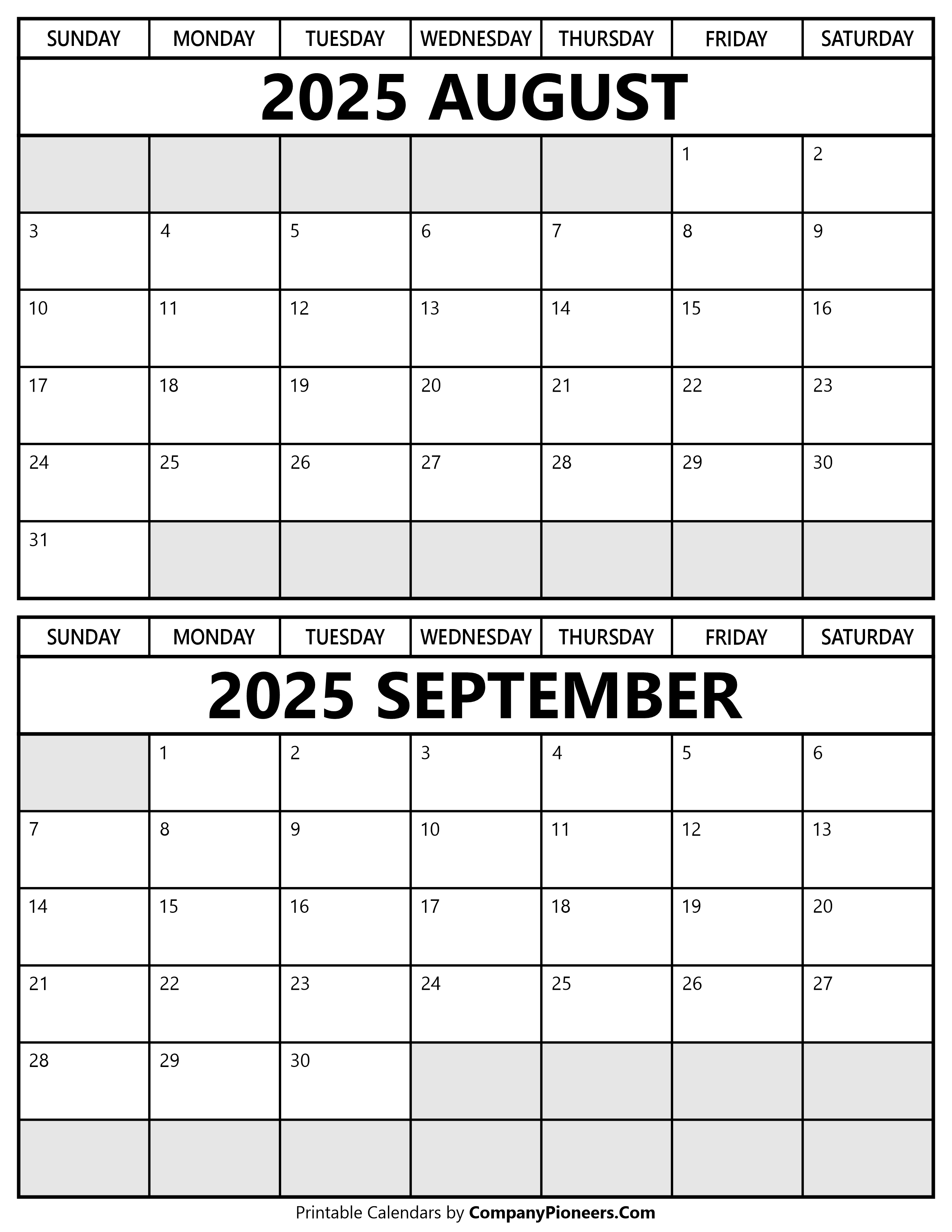 Printable August September 2025 Calendar