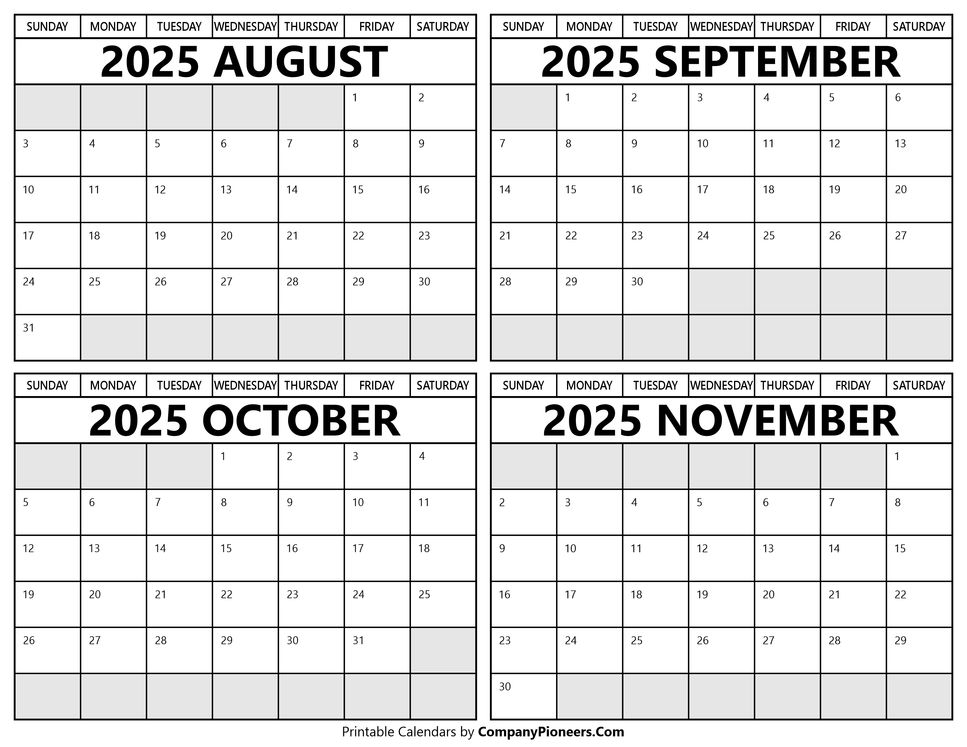 Printable August to November 2025 Calendars