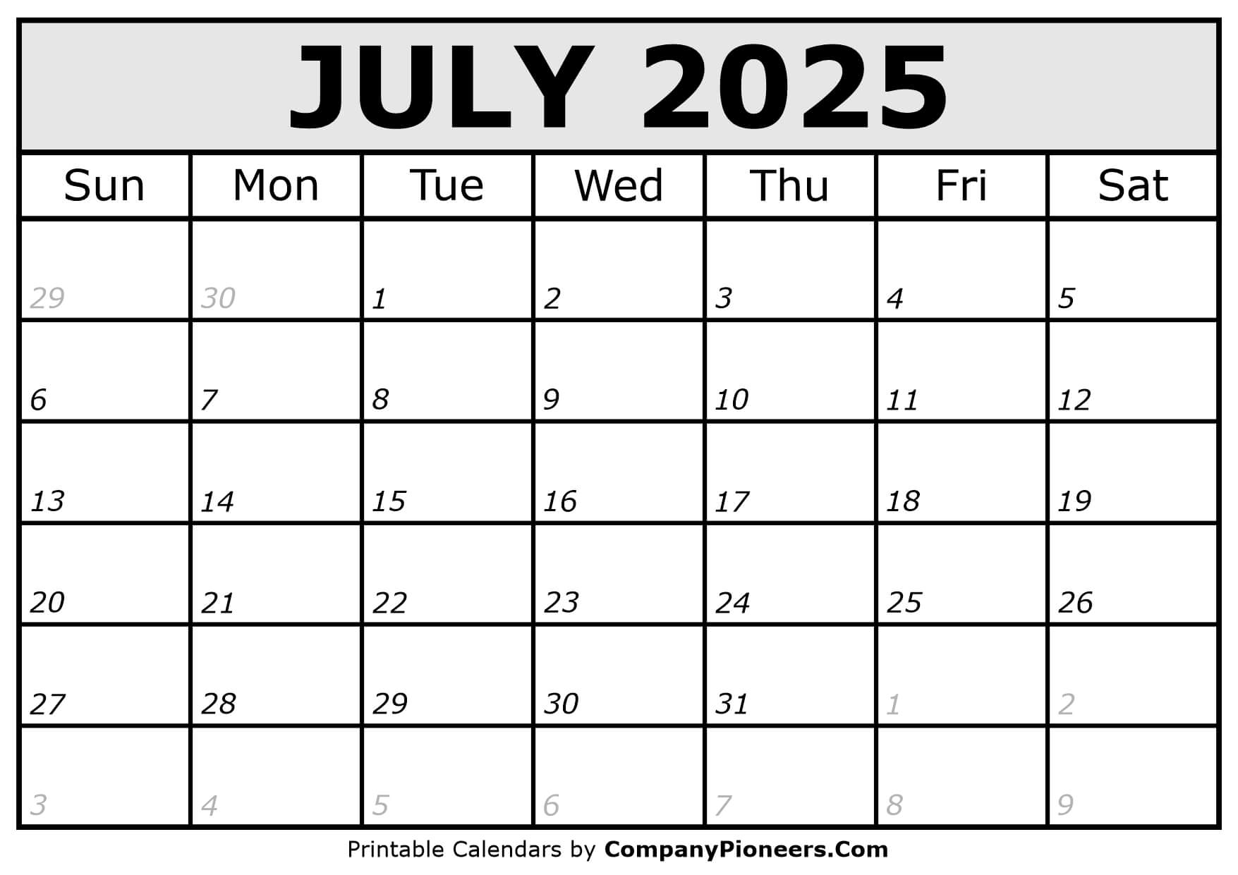 Printable July 2025 Calendar Italic Font