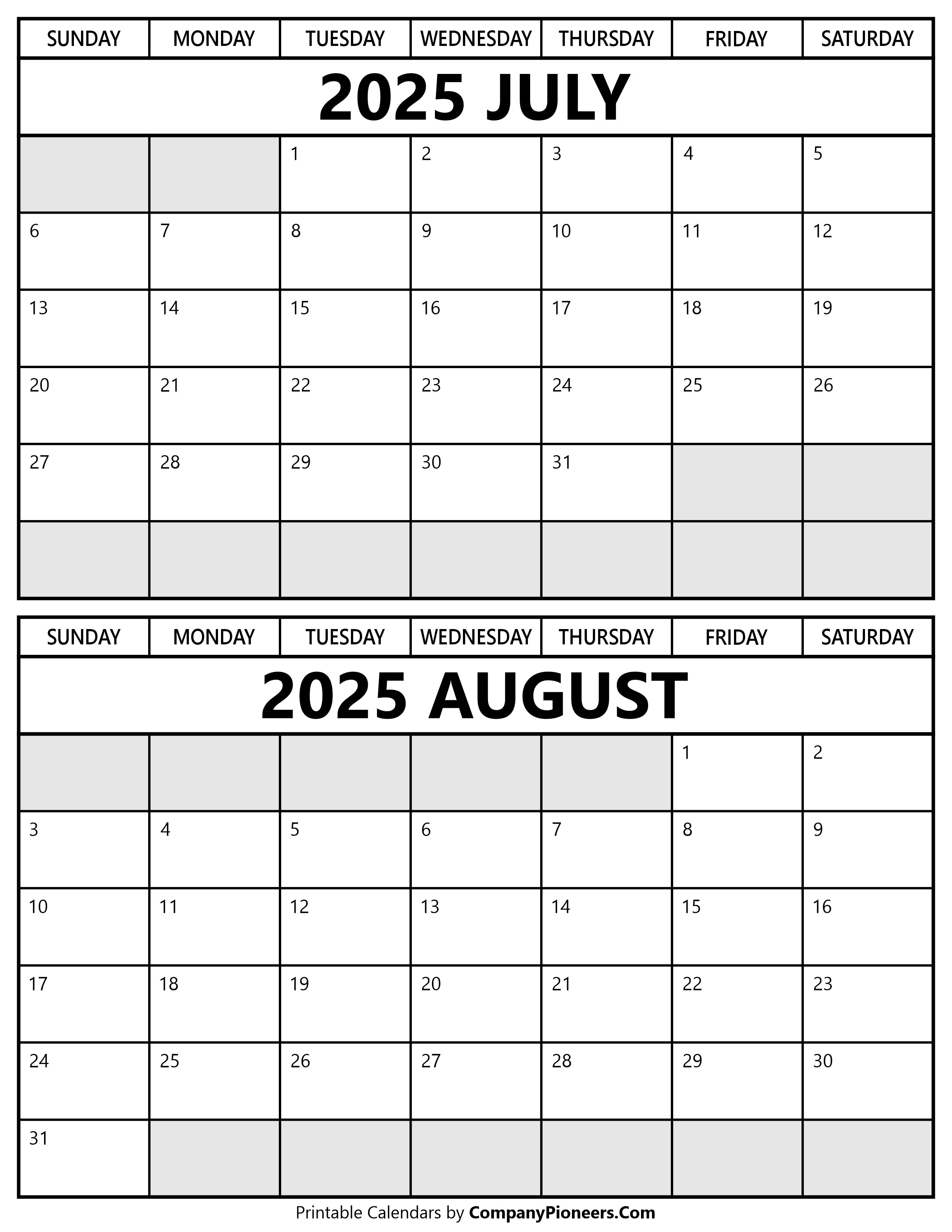 Printable July August 2025 Calendar