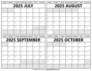 Printable July to October 2025 Calendars