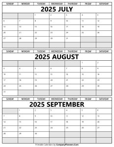 Printable July to September 2025 Calendar