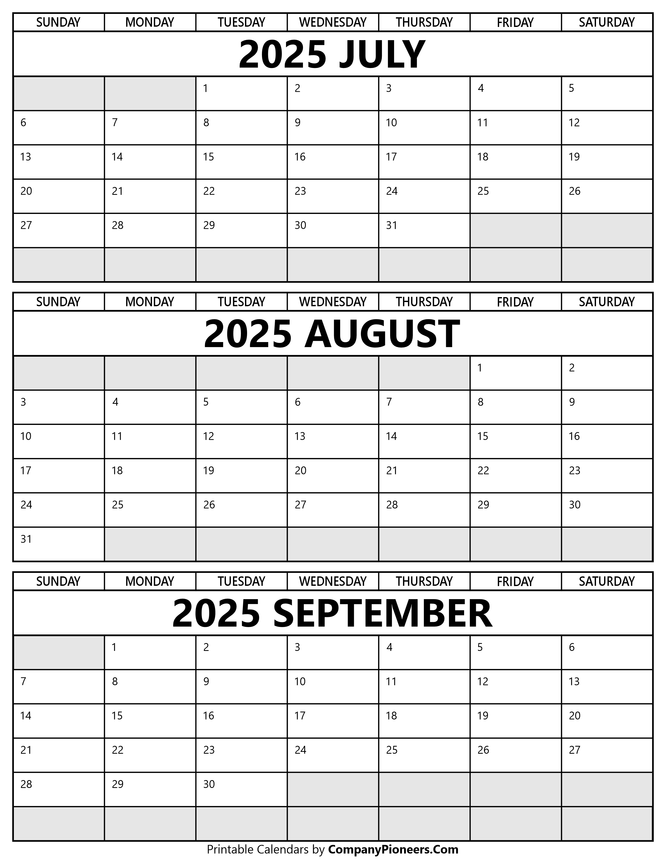 Printable July to September 2025 Calendar