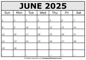 Printable June 2025 Calendar Italic Font