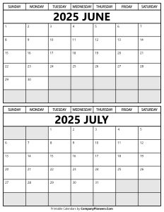 Printable June July 2025 Calendar