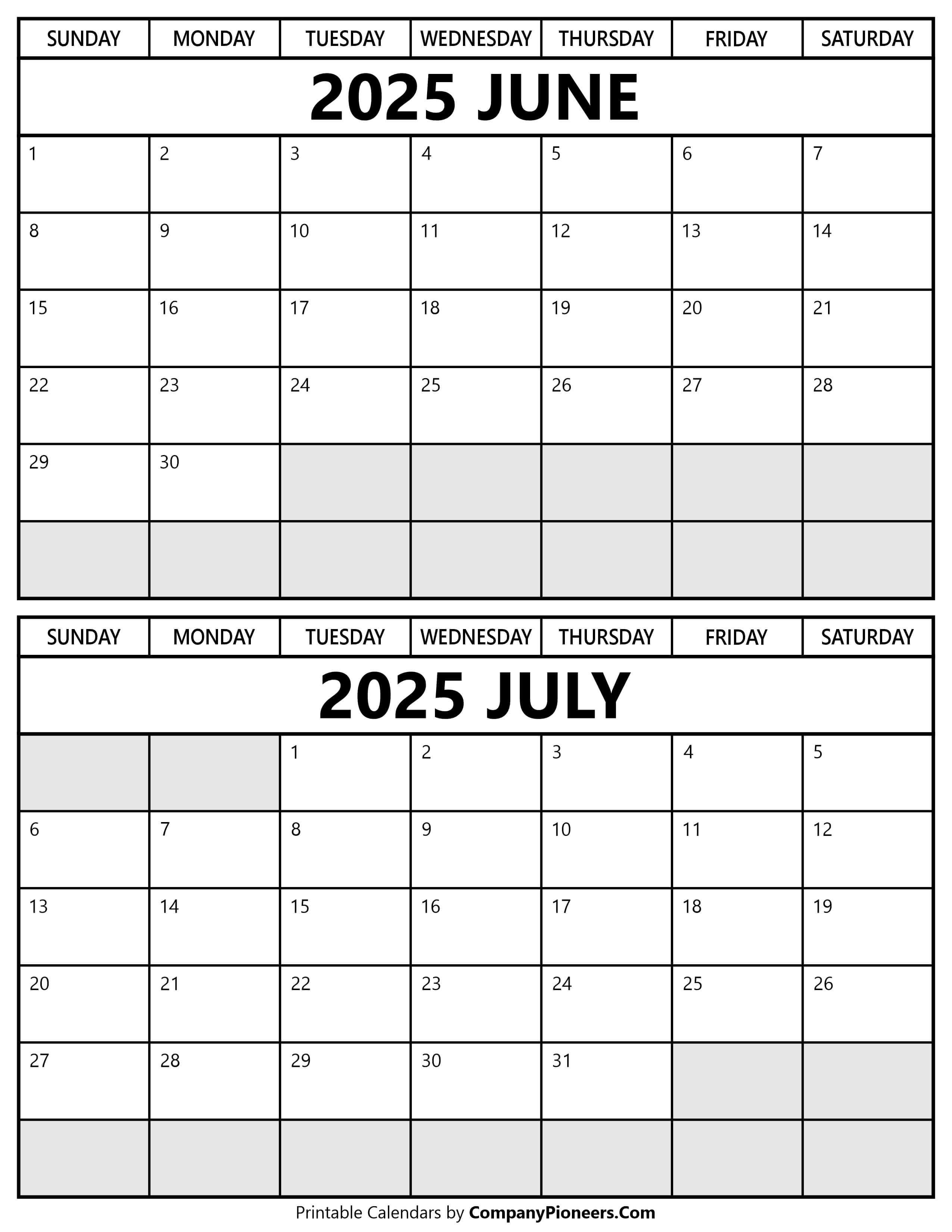 Printable June July 2025 Calendar