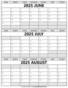 Printable June to August 2025 Calendar