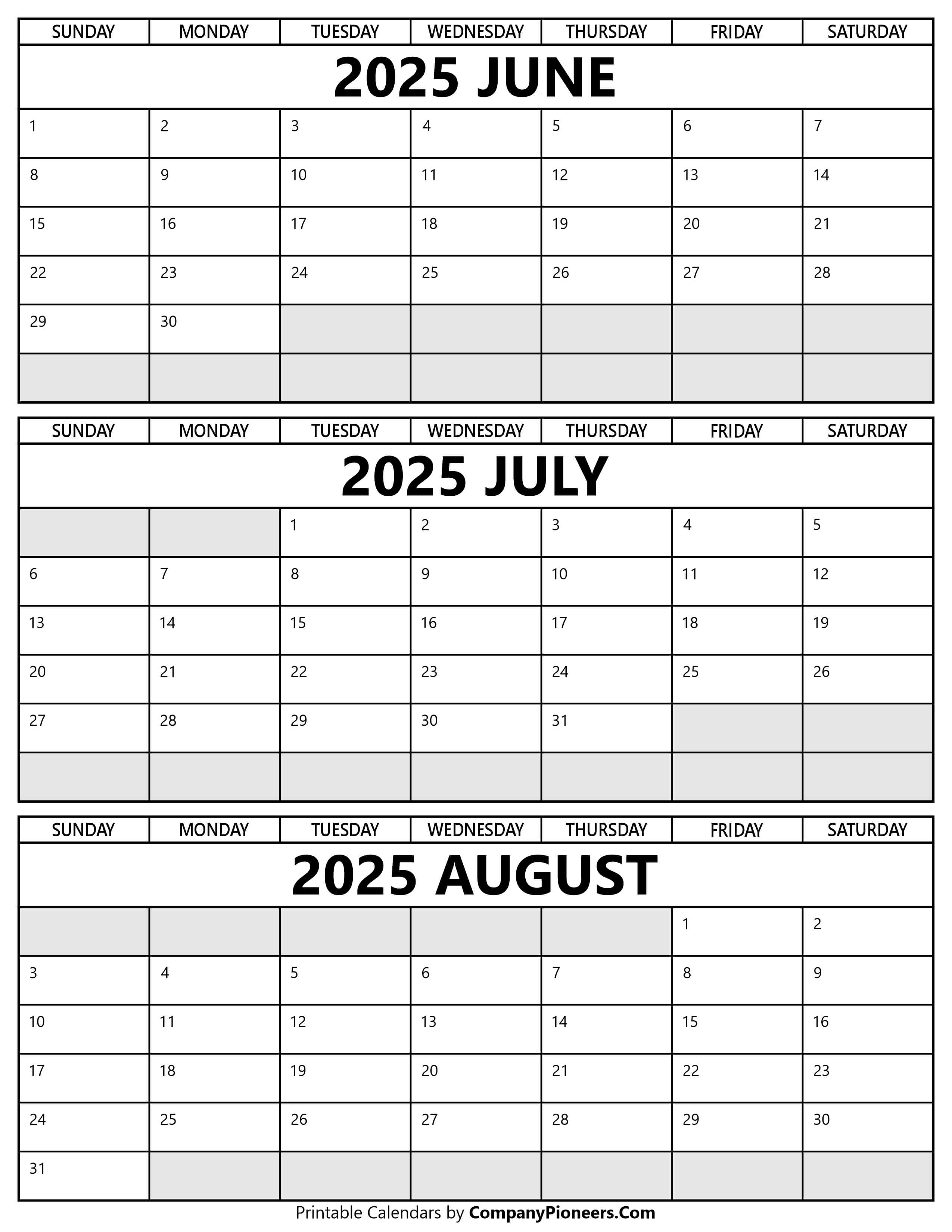 Printable June to August 2025 Calendar