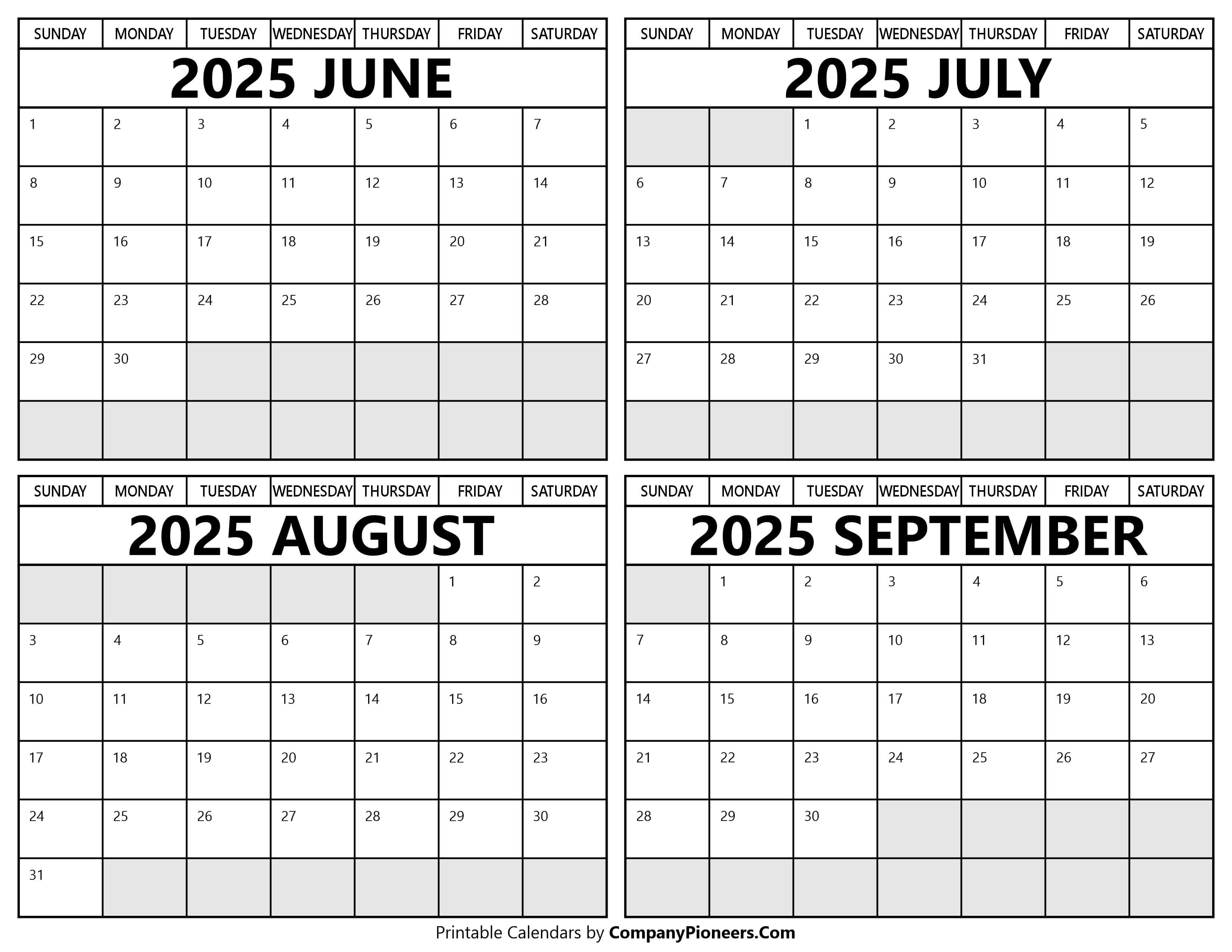 Printable June to September 2025 Calendars