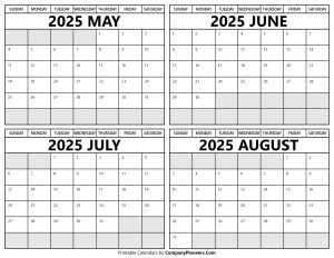 Printable May to August 2025 Calendars