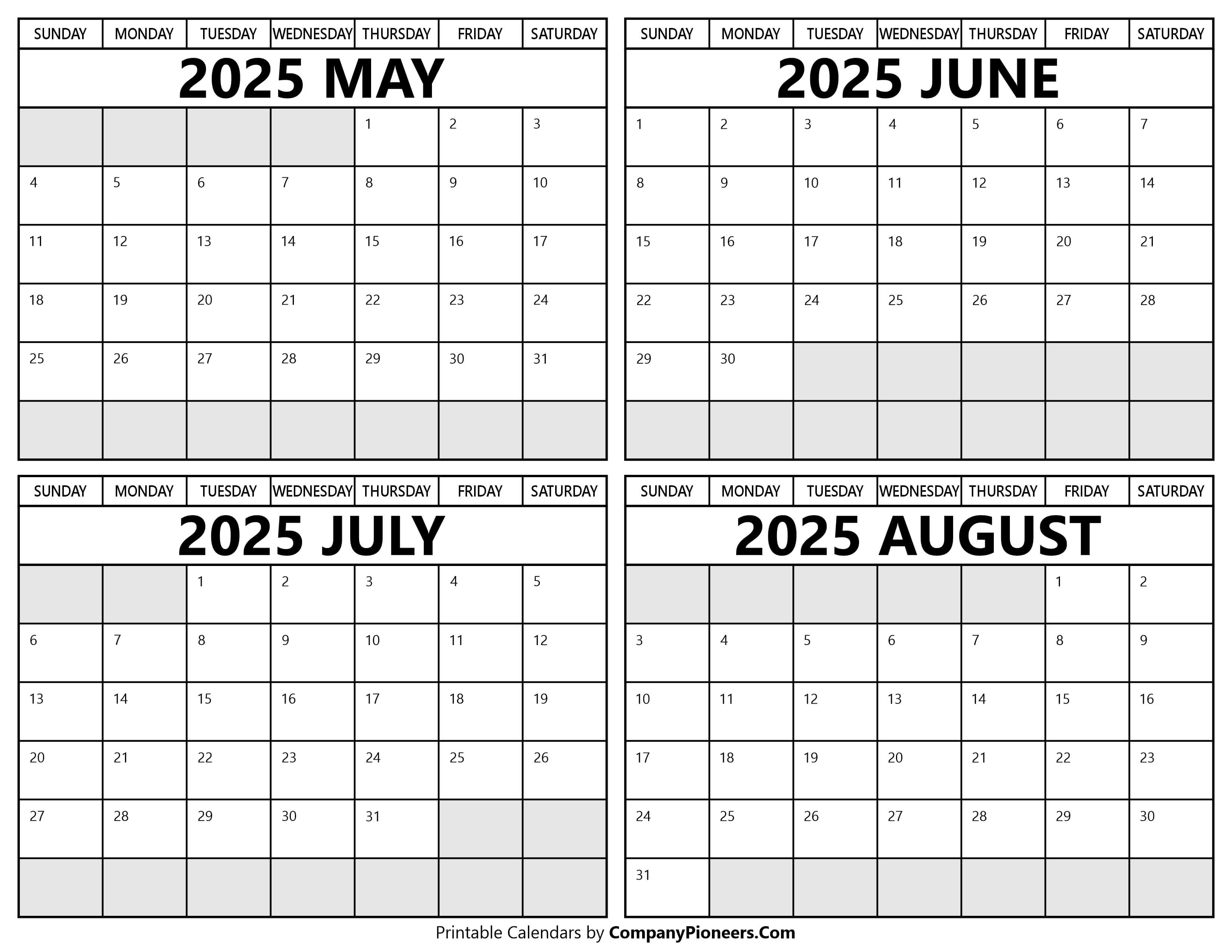 Printable May to August 2025 Calendars