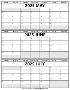 Printable May to July 2025 Calendar