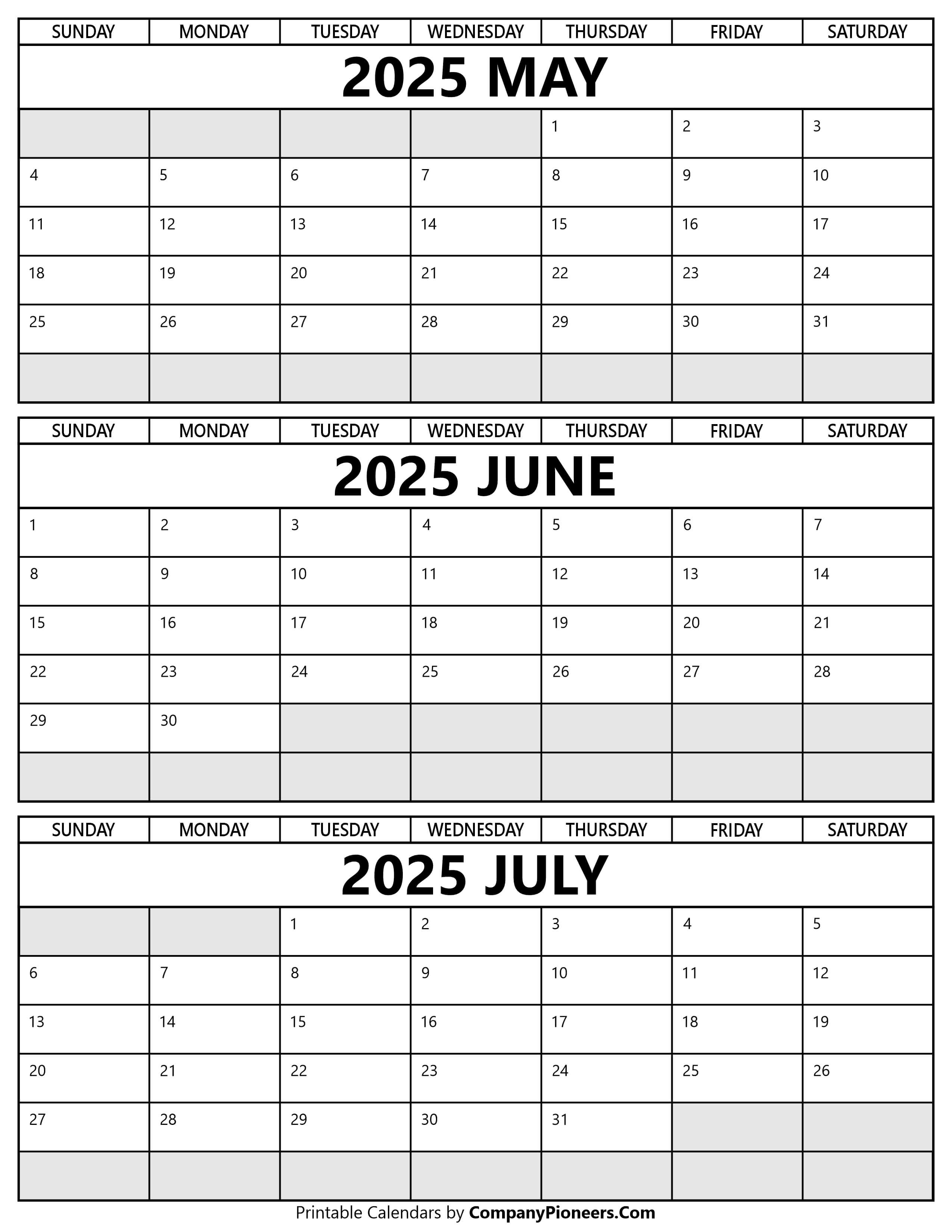 Printable May to July 2025 Calendar