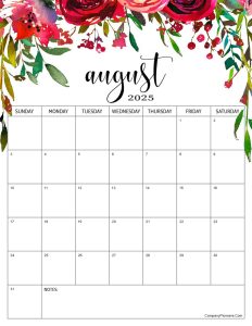 Red Roses Flower August 2025 Calendar with Notes