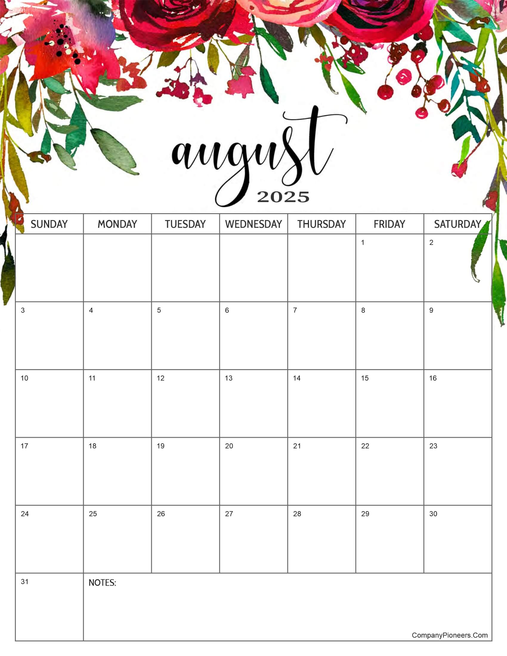 Red Roses Flower August 2025 Calendar with Notes