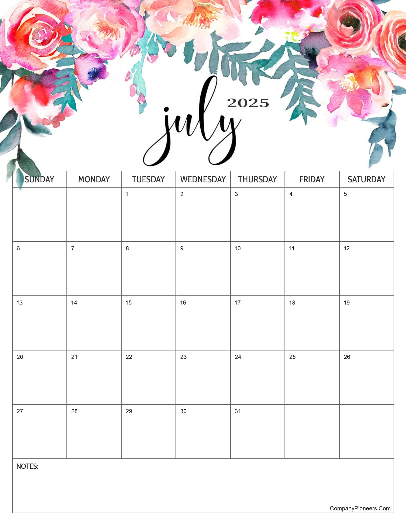 Red Roses Flower July 2025 Calendar with Notes