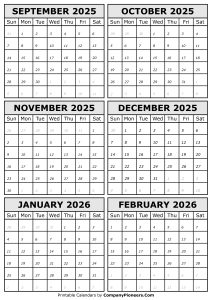 2025 September to 2026 February Calendar